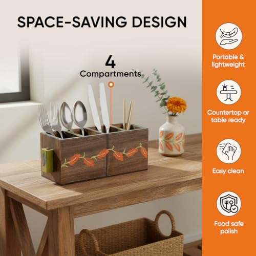 Image of AAKRITI ART CREATIONS Autumn Leaf Cutlery Stand Handcrafted in Wood | Hand-painted Wooden Stand For Dining Table | Kitchen Knife Holder | Wooden Cutlery Holder, Natural Matte Finish
