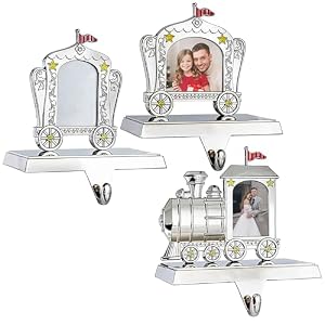 Klikel Train Stocking Holder Set of 3 Carnival Train Stocking Hanger for Mantel Photo Frame Christmas Stocking Holder for Fireplace Mantle Train Picture Frame Heavy Stocking Holder for Mantle