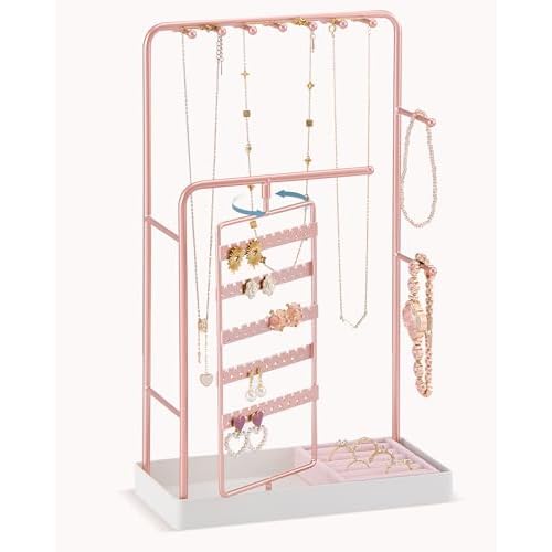 Lolalet Jewelry Organizer Stand, No Assembly Needed Display Storage with Rotating Earring Holder for Necklace Bracelet Rings, Galentines Valentines Gi