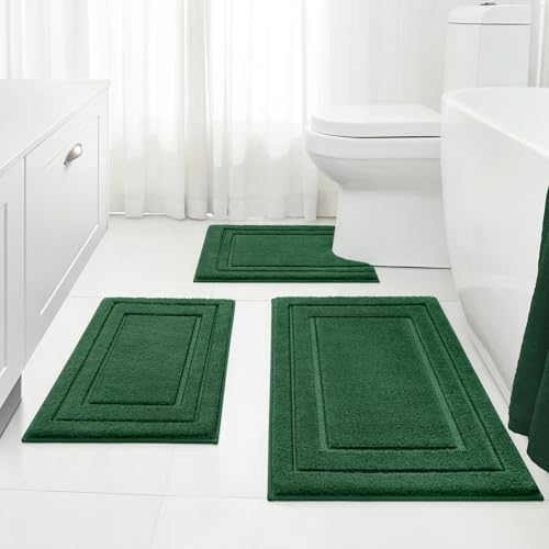 HOMEIDEAS Bathroom Rugs Sets 3 Piece, Super Soft and Absorbent Non Slip Microfiber Toilet Bath Mat with U-Shaped (Dark Green)