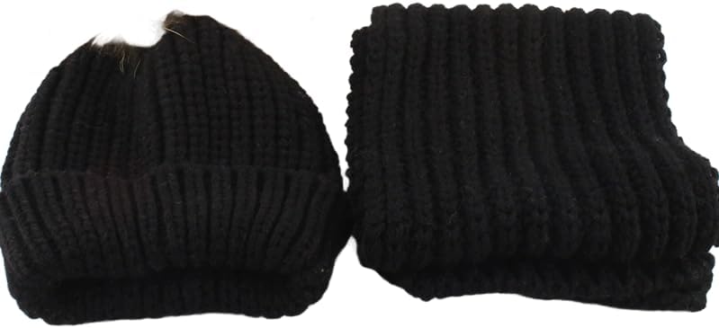 Kids' Raccoon Fur Pom Pom Hat & Scarf Set, Soft Knit Beanie with Genuine Fur Ball & Matching Scarf