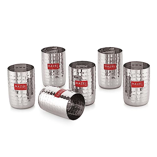HAZEL Stainless Steel Glasses for Water & Juice | 350 ml Hammered Finish Design Unbreakable Glass Set with Glossy Finish Design & Dishwasher Safe, Set of 6