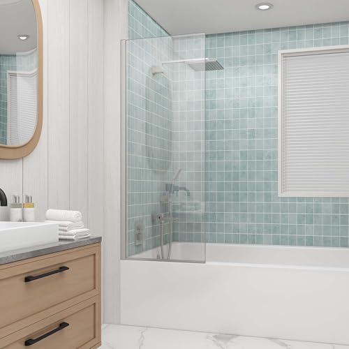 Sunrosa 24"×60" Bathtub Glass Panel,8mm Thick Shower Screen,Brushed Nickel Semi-Frameless Bathroom Shower Glass, Easy to Clean