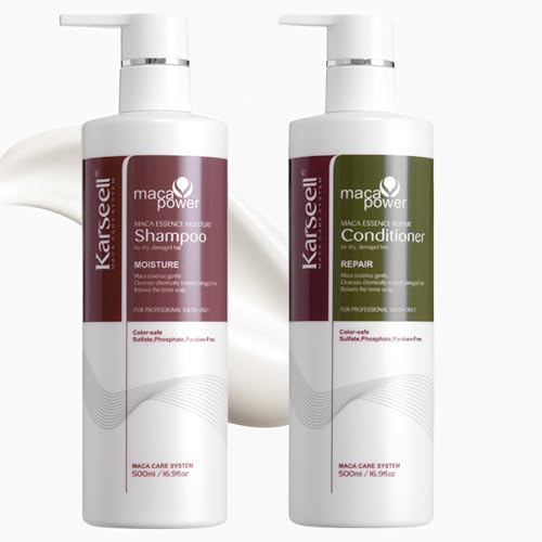 Karseell MACA CARE SYSTEM Pack Champú Hidratante + Acondicionador Reparador Cabello Seco Dañado Teñido Rizado Encrespado Nutritivo Colágeno Argán Maca Brillo Suavidad Antifrizz Sin Sulfatos 2x500ml