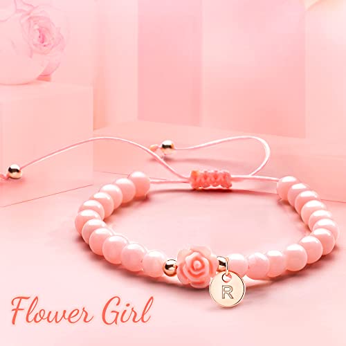 Image of Flower Girl Gift Initial Bracelet for Teen Girl with Flower Pink Beaded Bracelet with Initial Rose Bridesmaid Gift Jewelry Teen Girl Trendy Stuff