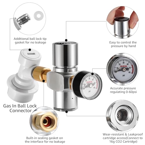 FERRODAY 0-60 PSI Mini Keg Regulator CO2 Charger Portable Beer keg Regulator Mini Barrel Regulator Cornelius Corny Beer Growler CO2 Regulator 3/8 Adapter W/Ball Lock by Ferroday - Image 3