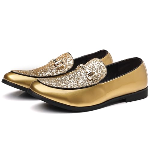 COSIDRAM Men's Glitter Dress Shoes Fashion Metallic Sequins Gold Buckle Luxury Patent Leather Loafers Wedding Party Prom3