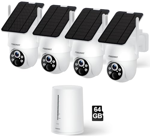 FOSSENXE Sistema inalámbrico de cámaras de Seguridad para Exteriores, Kit de 4 cámaras, sin suscripción, Funciona con energía Solar, Almacenamiento Local de 64 GB, Giro e inclinación de 360°, visión