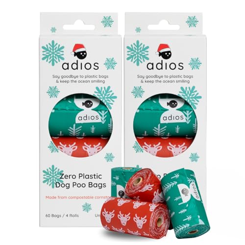 Adios Plastic - Bolsas compostables para excrementos de perro, 120 unidades (8 rollos), colores navideños, extra gruesas, a prueba de fugas, a prueba de olores, hechas de almidón de maíz compostable