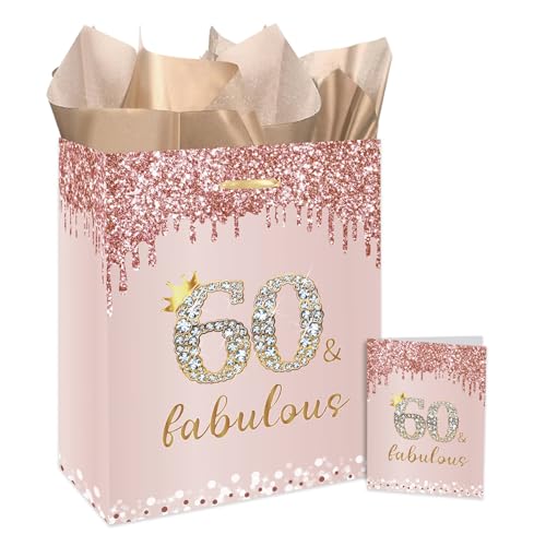 GOLDCROW Sacchetto regalo per il 60° compleanno da donna, con manici, grande, rosa, con carta da regalo per il 60° compleanno e biglietto per decorazioni per 60° compleanno, forniture per feste