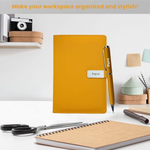 Image of Giftana Personalized Notebook Diary with Pen Gift Set for Men and Women, 2 in 1 Customized Office Diaries A5 Size Notebook, Diwali Gifts, Personalised New Year Corporate Gifts for Employees (Yellow)