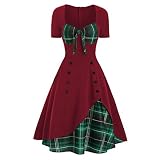 WOZOW Robe Noeud Papillon à Carreaux Et pour Femmes Rockabilly Vintage A Ligne Bowknot Robes Longues Parti De Plage Costume Soirée Femme Cocktail(Rouge,2XL)