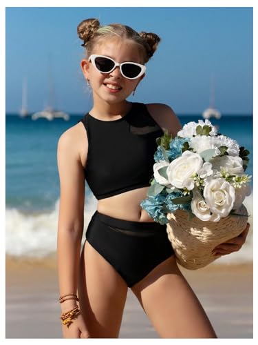 OYOANGLE Girl's 3 Piece Bikini Sets Mesh High Waisted Swimsuits Beach Sports Bathing Suits with Cover Up Kimono4
