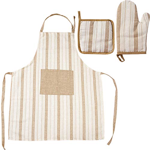 Viste tu hogar Pack de Delantal con Bolsillo Delantero, Cinta Ajustable y Guantes para Cocina en Algodón Resistentes al Calor, Ideales para Cocinar, en Color Marrón Cover
