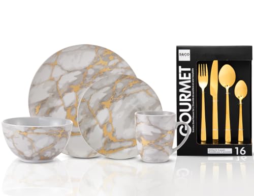 Set combinato esclusivo da 32 pezzi, 16 pezzi, effetto marmo oro e set di posate da 16 pezzi, servizio per 4, lavabile in lavastoviglie, piatti, ciotole per zuppe o cereali, tazze, forchette