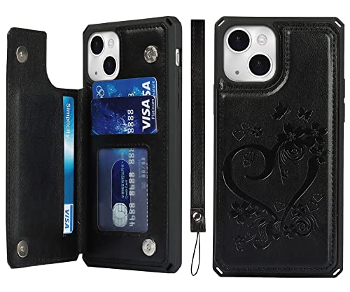 iCoverCase Compatible with iPhone 13 Wallet Phone Case with Card Holder for Women, RFID Blocking Embossed PU Leather Wrist Strap Case 6.1 Inch (Heart Black)
