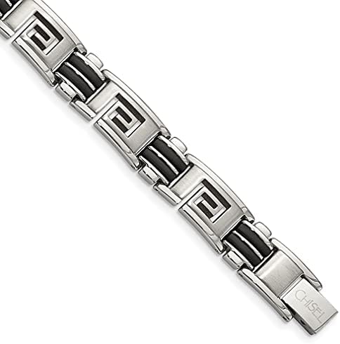 ICE CARATS Stainless Steel Black Rubber Inlay Greek Key 8.5 Inch Bracelet Contemporary Men Link Fashion Jewelry For Dad Mens Gifts For Him