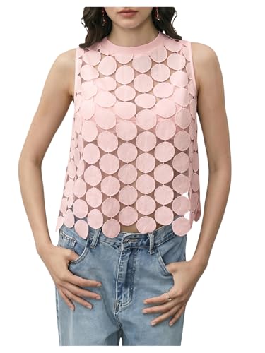 SHENHE Women's Sheer Tank Tops See Through Polka Dots Asymmetrical Top Summer Sleeveless Vest Shirts Pink Medium
