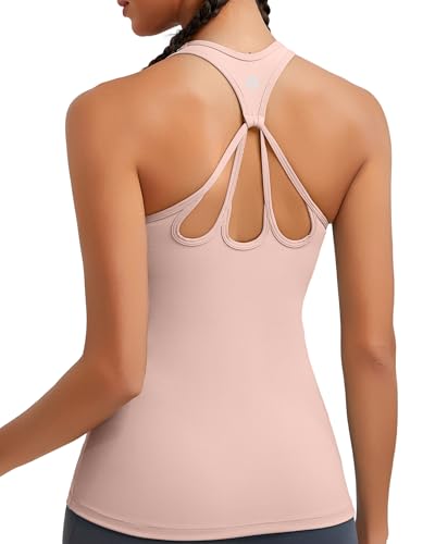 Image of RUNNING GIRL Workout Tops for Women,Strappy Back Black Top with Built in Bras Camisole Yoga Crop Tank Tops Padded