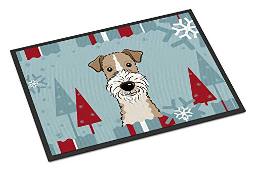 Caroline's Treasures BB1743MAT Winter Holiday Wire Haired Fox Terrier Doormat 18x27 Front Door Mat Indoor Outdoor Rugs for Entryway, Non Slip Washable Low Pile, 18H X 27W