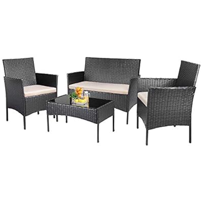 KaiMeng Patio Outdoor 4 Pieces Indoor Use Conversation Sets Rattan Wicker Chair with Table Backyard Lawn Porch Garden Poolside Balcony Furniture, Black