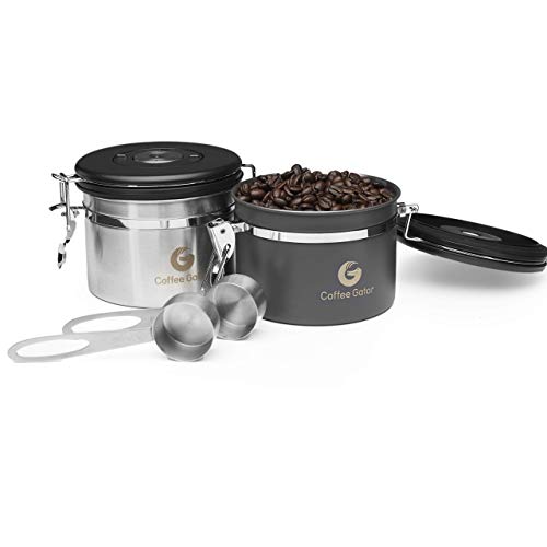 Coffee Canister Duo - Coffee Gator Stainless Steel Coffee Container - Fresher Beans and Grounds for Longer - Date-Tracker, CO2-Release Valve and Measuring Scoop - Small, Gray & Silver