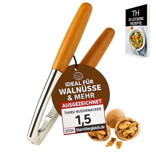Thiru Nussknacker mit edlem Holzgriff - Ideal für Walnüsse, Haselnüsse, Paranüsse - Knacken ohne Kernzerquetschung - inkl. E-Book mit Rezepten - Made in Germany (Premium)