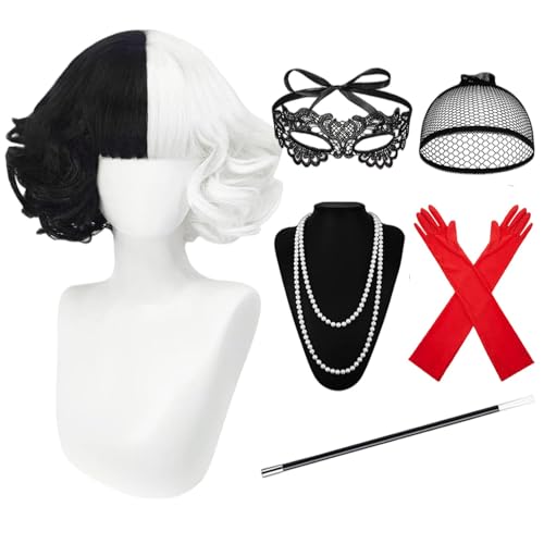 HIQE-FL Peluca de mujer para disfraz de Cruella,1970s Set de Accesorios Disfra,Cruella Cosplay Peluca,Disfraz de Cruella Deville,peluca para cosplay,carnaval,Halloween