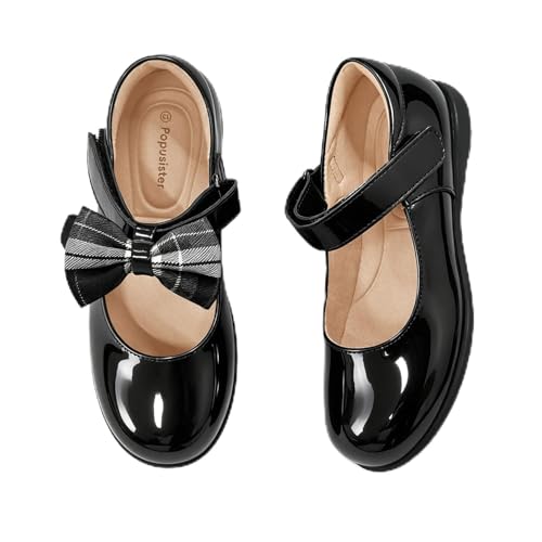 Popusister Toddler Mary Jane Shoes for Girls, Black School Uniform Shoes with Cute Bow, Classic Little Girl Dress Shoes for Princess Party Wedding, Soft Leather Fashion School Flats for Toddlers