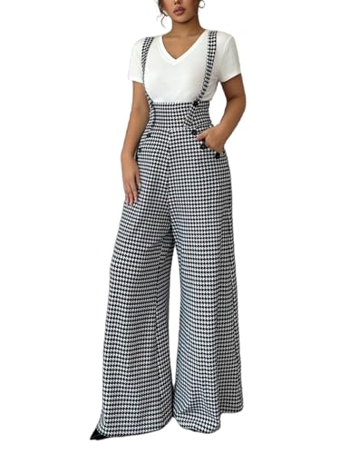 Milumia Womens Houndstooth Print Overalls Jumpsuit Casual Sleeveless Wide Leg Pants Romper Black Medium