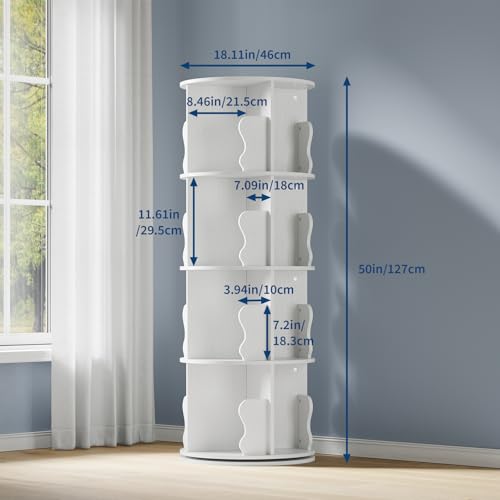 GarveeHome 4 Tier Rotating Bookshelf Tower, Spinning Corner Bookshelf for Small Spaces, Revolving 360° Bookcase Storage Rack Tower, Vertical Rotate Turning Spiral Wood Book Shelf Organizer, White