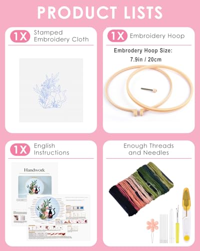 Image of TINDTOP Embroidery Kit for Beginners Adult, Cat Embroidery Kit | Include Embroidery Cloth Hoops Threads for Craft Lover Hand Stitch with Embroidery Skill Techniques