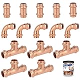 (15-Pack YVSKM) 1/2' Press Fittings Assortment Kit – 5 Tee + 5 Coupling + 5 Elbow with Stop, Zero Lead, Fits 1/2 Inch Pipe Systems for Water Lines, Heating Loops, Repair & Upgrade Projects