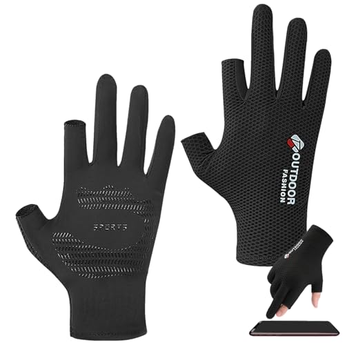 Guantes de pesca para hombre, guantes de pesca con protección UV,Guantes para el sol Protección UV Guantes con 2 dedos cortados | Guantes de pesca con pantalla táctil, transpirables, de secado rápido,