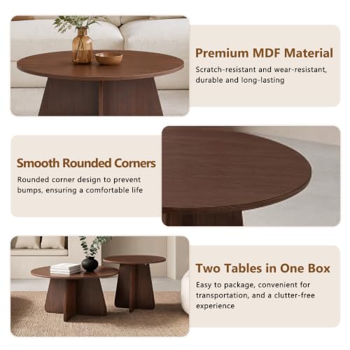 Kaicollective Nesting Coffee Table Set of 2, Round Wooden Coffee & Side Tables with Tapered Base, Walnut Finish, Mid-Century Modern Accent Furniture for Living Room Bedroom, Space-Saving Design - Image 5