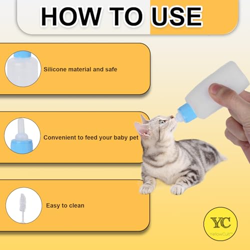 Image of YellowCult Pet Nursing Bottle - BPA-Free, Easy-to-Use Feeding Bottle for Puppies Kittens Guinea Pigs Ferrets Small Dogs Rabbits Squirrels Includes 4 Nipples, Cleaning Brush, Ideal for Hand-Feeding