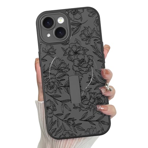 MZELQ for iPhone 15 Case Silicone Flower Leaves Cute Pattern -Black