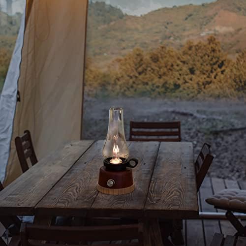 Oil lamp style Rechargeable LED Glass Tabletop Lantern, flame effect, Red Finish Base, Dimmable and Colour temperature changing 2200k to 6500k, 5000mAh power bank, for Tables camping hiking power cuts