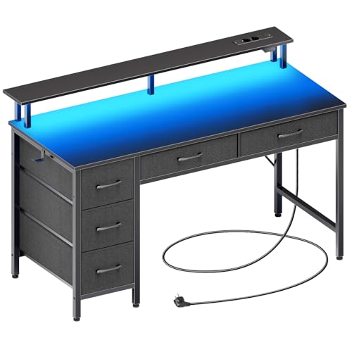 Seventable Computertisch mit Steckdosen & LED-Beleuchtung, 140cm Gaming Schreibtisch mit 5 Schubladâ€¦ – Miniatur