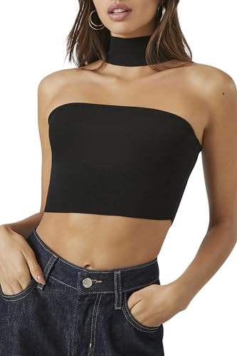 Forever 21 Women's Sweater-Knit Choker Crop Top, Black, M