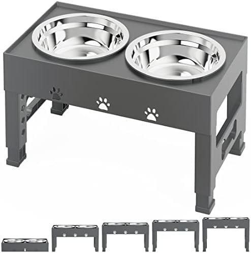 PANZZDA Elevated Dog Bowls with 2 Stainless Steel Bowl Adjustable Raised Dog Dish - Adjusts to 5 Heights, 3.1", 9", 10", 11", & 12" Non-Slip Dog Food Bowl Stand for Small Medium Large Dogs