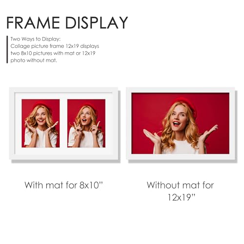 Image of DUENPY 12x19 Double Picture Frame 8x10 Displays Two 8x10 inch Photos Collage Available Horizontal Wall Mounting Display and Vertical White