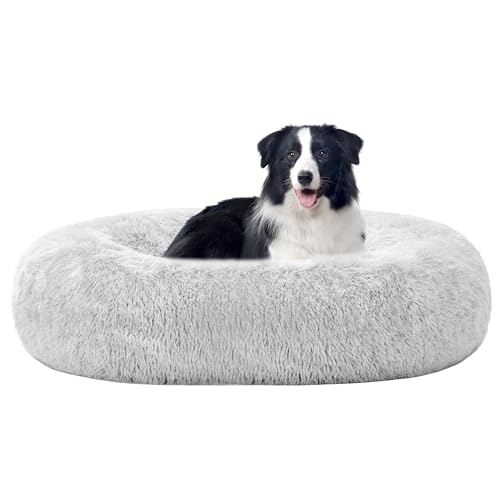 HMTOPE Orthopädisches Hundebett rund Hundekissen Hundesofa Katzenbett Donut Kuscheliges Hundekorb Waschbar, 90 cm Ø, Hellgrau