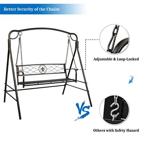 Vingli Upgraded Metal Patio Porch Swing With A-Frame Stand, Powder Coated Steel Swing Seat Bench And Frame With Extra Side Bars, Heavy Duty 660 Lbs Hanging Swing Set For Outdoor (Antique Bronze) #TOP6