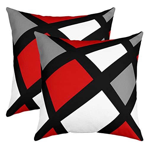 Loussiesd Set of 2 Throw Pillow Covers Geometric Strip Lines Cushion Case for Home Living Room Decor Reversible Modern Abstract Art Plaid Black White Grey Red Decorative Throw Cushion Case 18x18 Inch