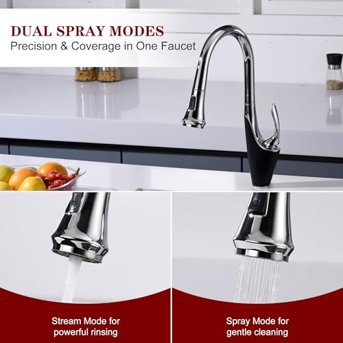 Image of sumerain Single-Hole Kitchen Faucet with Pull Down Sprayer,Single Handle Stainless Steel Kitchen Sink Faucet,Chrome & Black