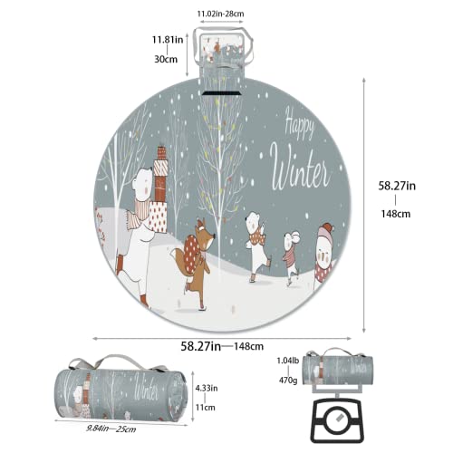 Happy Winter Christmas Animals Picnic Blanket 148 x 148 cm, impermeável à prova de areia redondo cob