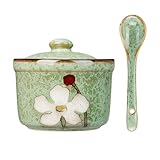 Soyestan Handmade Ceramic Sugar Bowl with Lid and Spoon, 9oz Porcelain Condiment Jar with Hand-Painted Floral Design, Colorful Seasoning Container for Sugar, Salt, Spices Kitchen (Green)