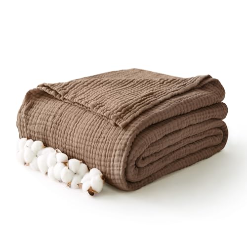 Image of 100% Cotton Muslin Blanket 40 inch x 40 inch, Breathable and Lightweight Cotton Throw Blankets, Soft Cooling Summer Gauze Blanket for All Season, Tan