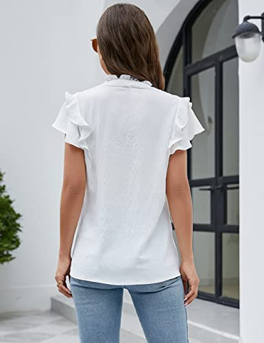 Blooming Jelly Womens Dressy Casual Tops Ruffle Short Sleeve V Neck Shirts Elegant Business Work Blouse(Large, White) #TOP2
